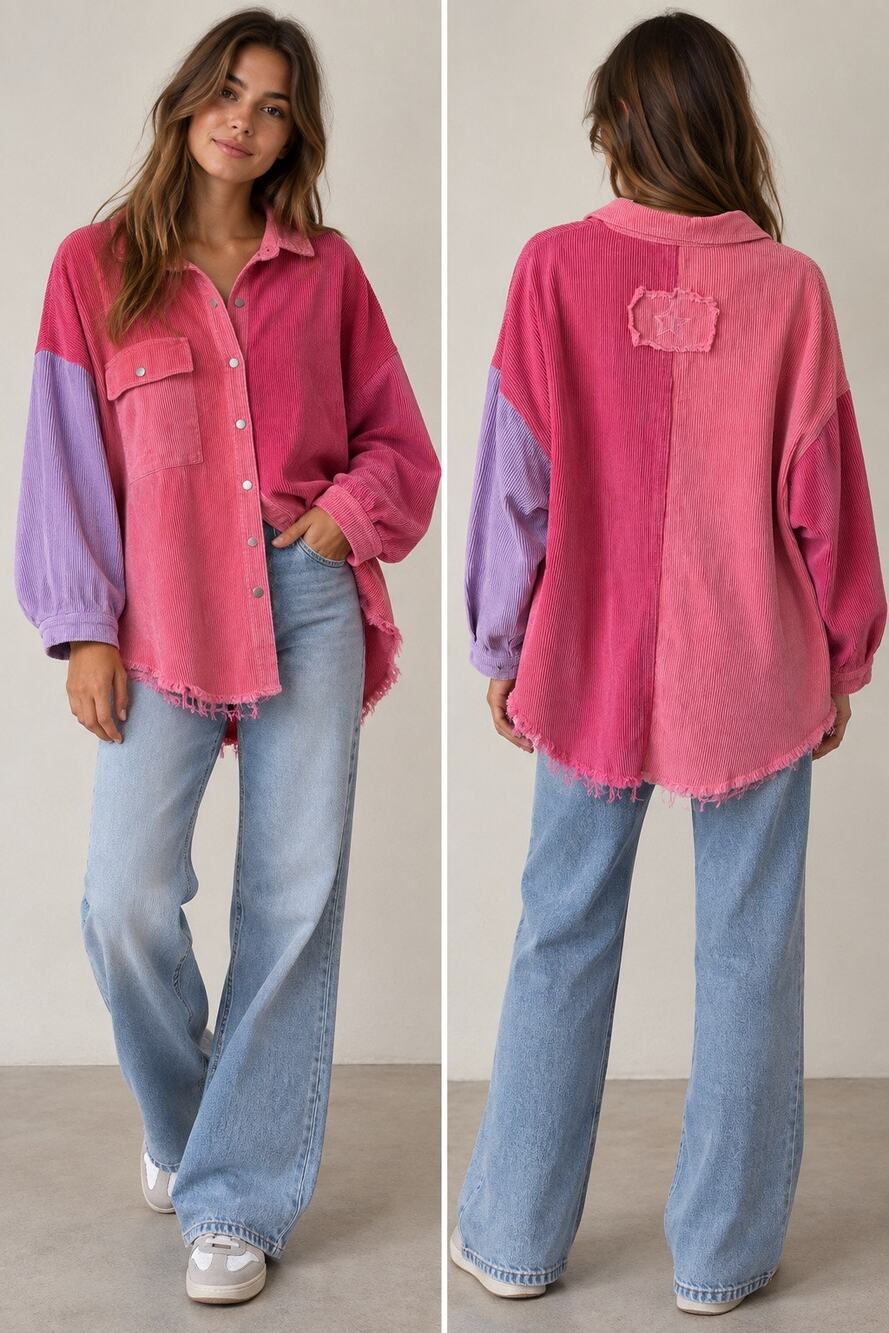 POL Pink Colorblock Corduroy Frayed Raw Hemline Oversize Shacket Sz Large Cotton
